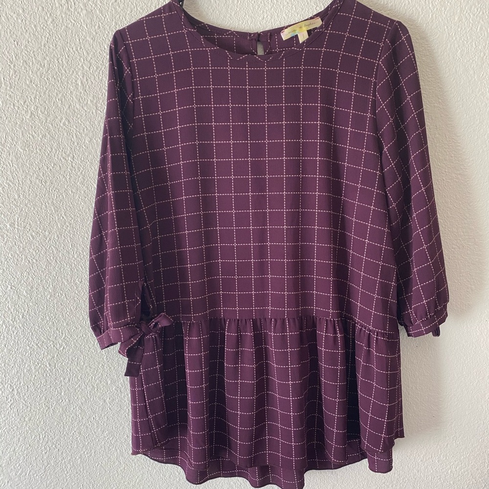 Purple and cream grid peplum blouse